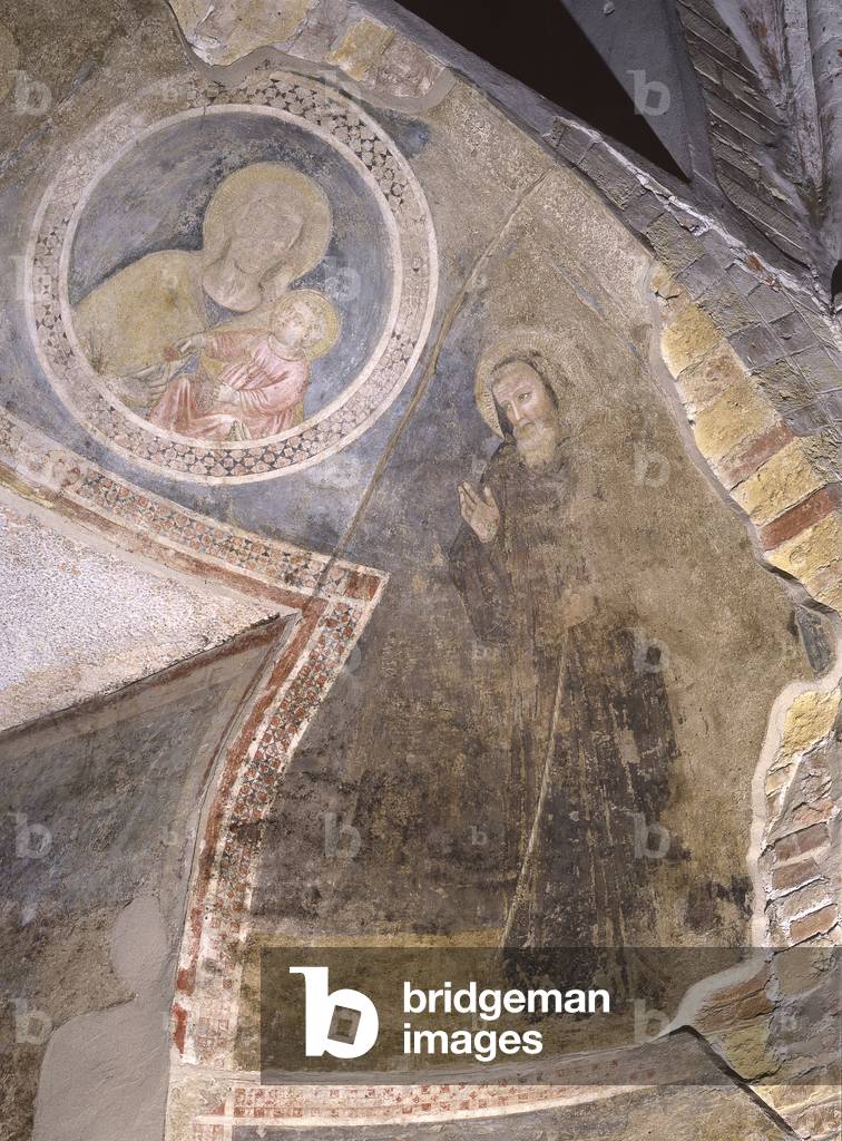 Madonna and Child with Saint, by Master of the right chapel of San Fermo, 14th century, fresco.
