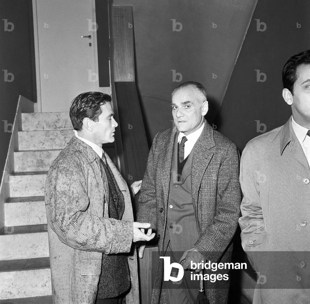 Alberto Moravia and Pier Paolo Pasolini chatting, Italy, 1956 (b/w photo)