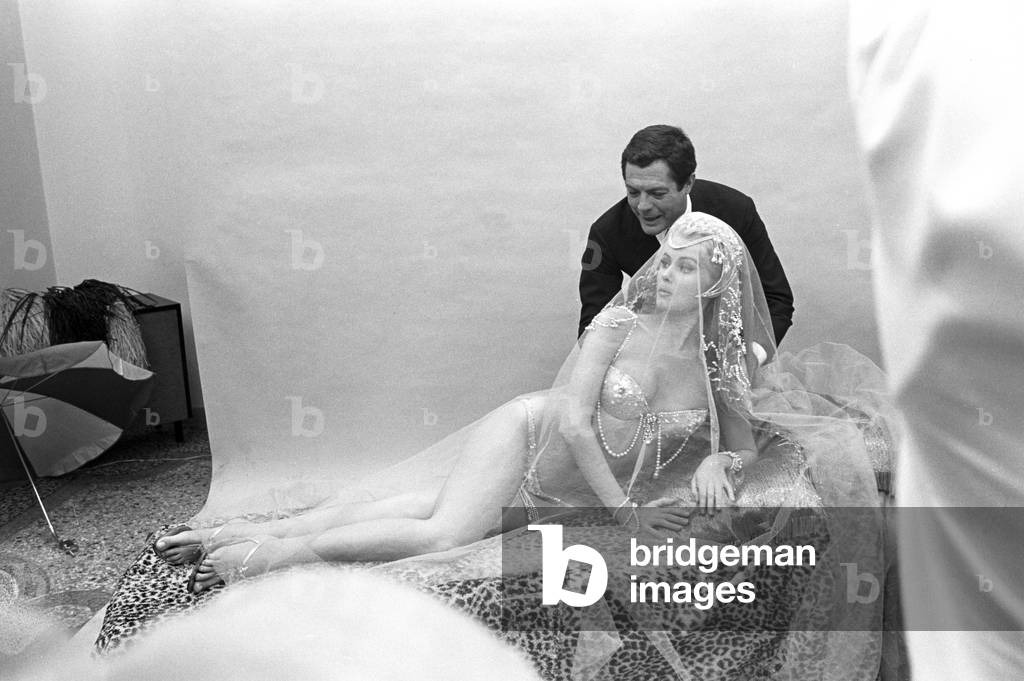 Marcello Mastroianni and Pamela Tiffin on the set of the film The Man, the Woman and the Money, Italy, 1965 (b/w photo)