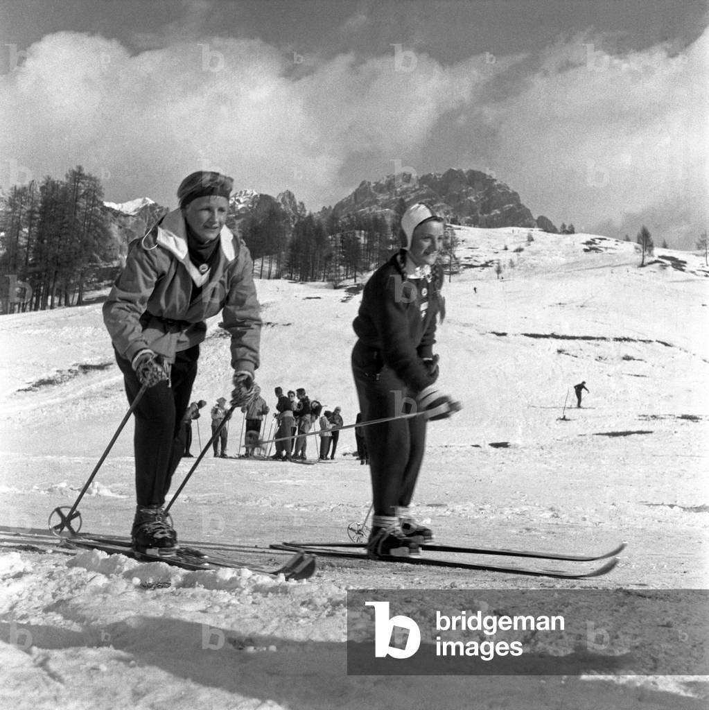 Swiss skiers, Winter Olympics, Cortina d'Ampezzo, Italy, 1956 (b/w photo)