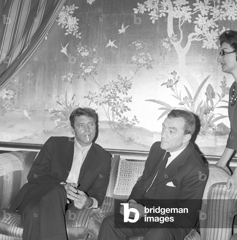 Burt Lancaster and Lucino Visconti taking part in a press conference, Rome, Italy, 1962 (b/w photo)