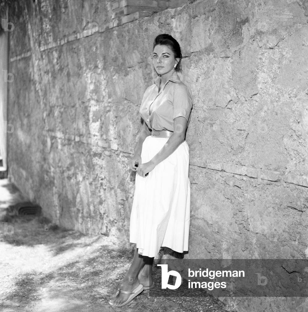 Joan Collins in Rome, Italy, 1957 (b/w photo)