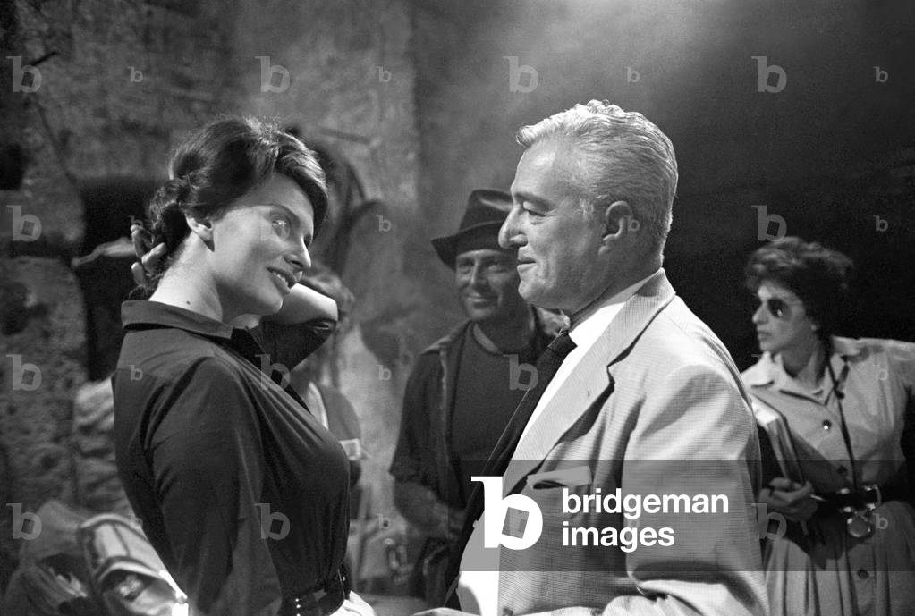 Vittorio De Sica and Sophia Loren on the set of Two Women, Italy, 1960 (b/w photo)