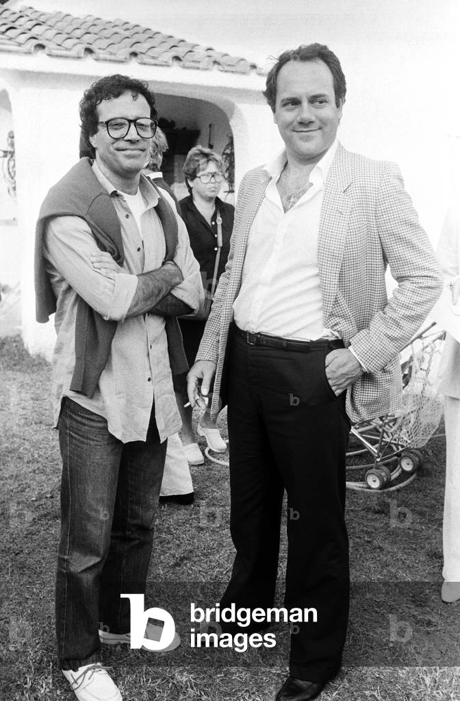 Enrico Montesano and Carlo Verdone at Villaggio Tognazzi, Italy, 1981 (b/w photo)