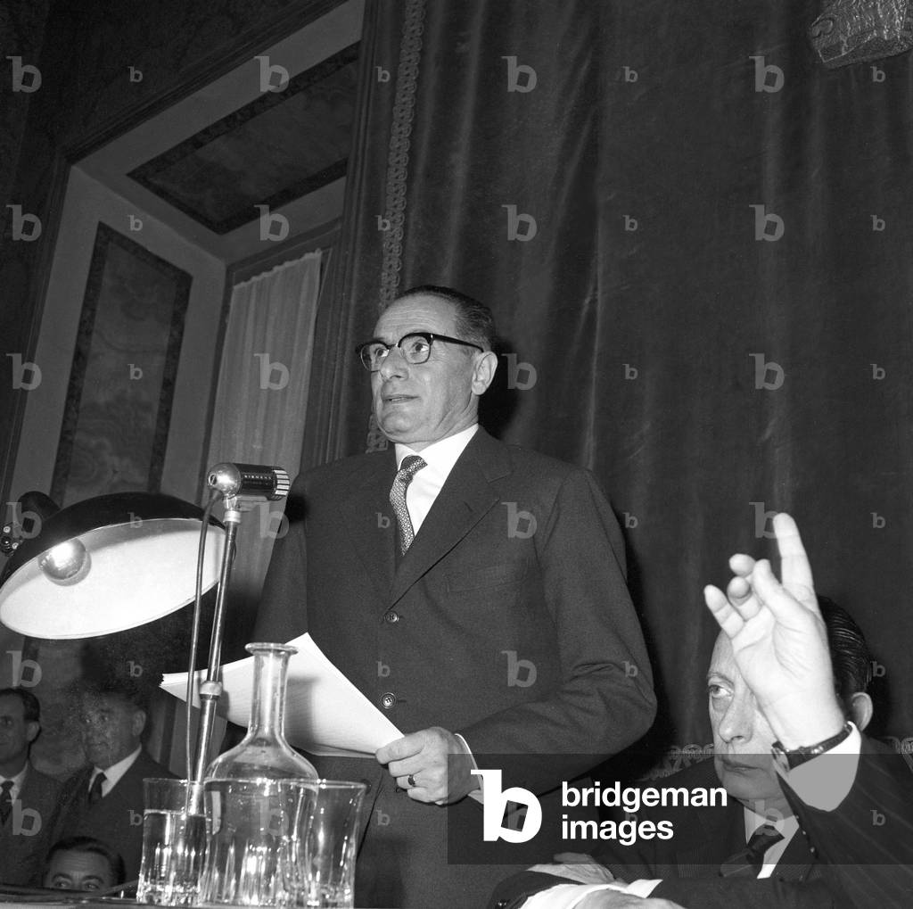 Enrico Mattei speaking in a meeting, Italy, 1959 (b/w photo)