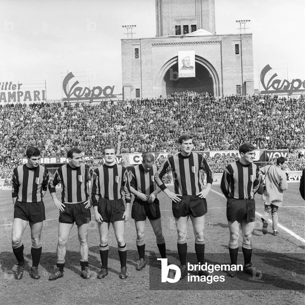 Aristide Guarneri, Mario Corso, Sandro Mazzola, Luis Suárez Miramontes, Giacinto Facchetti, Tarcisio Burgnich before the beginning of a soccer match, Bologna, Italy