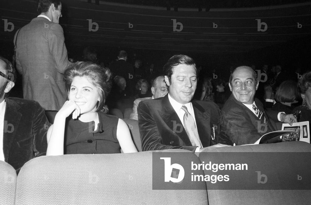 Marcello Mastroianni at Sistina Theatre with his daughter Barbara, Italy, 1969 (b/w photo)