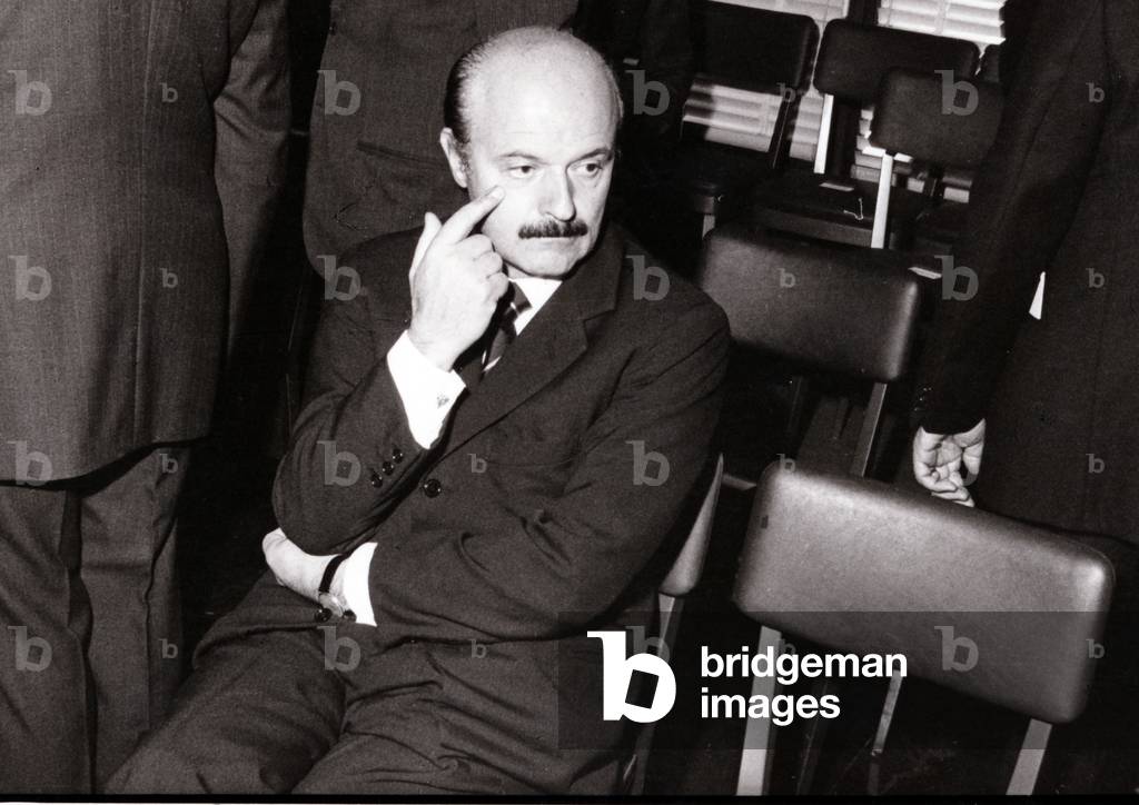 Roberto Calvi attending a public meeting, 1970 (b/w photo)