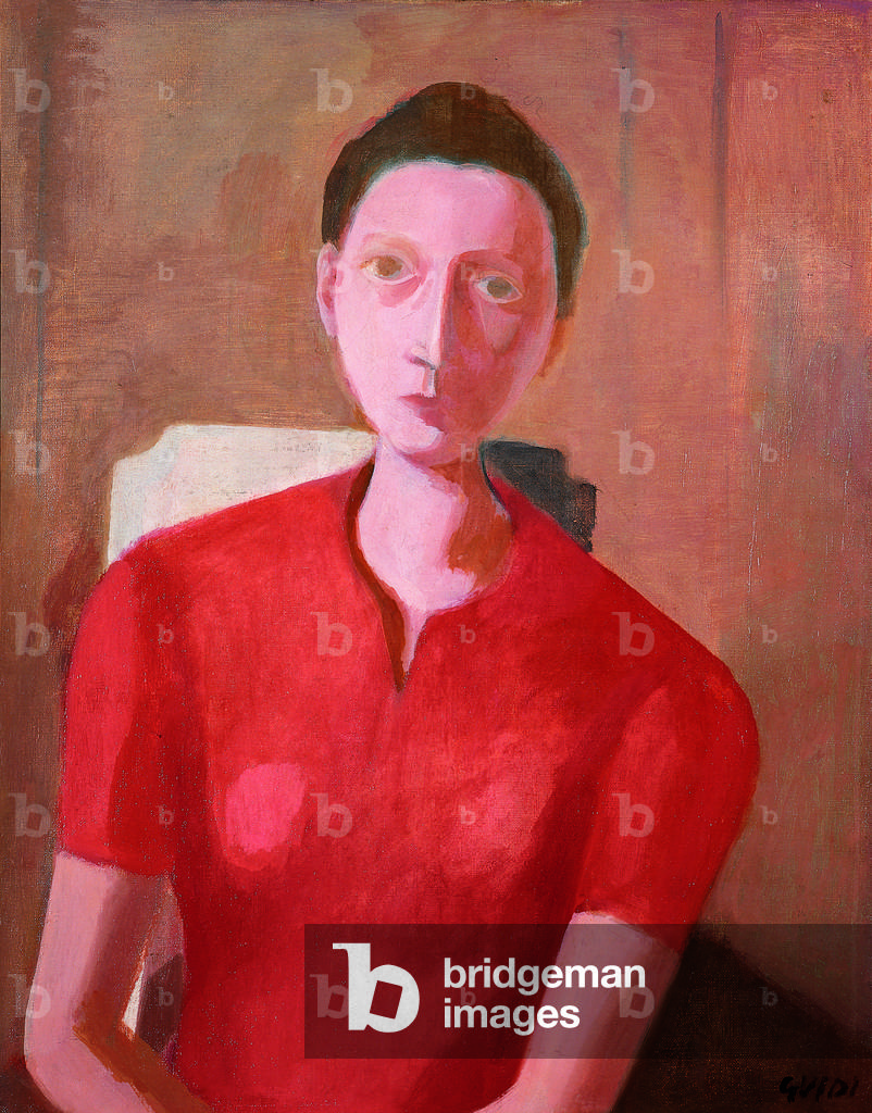 Woman in red, by Virgilio Guidi, 1945, 20th Century, oil on canvas, 75 x 60 cm
