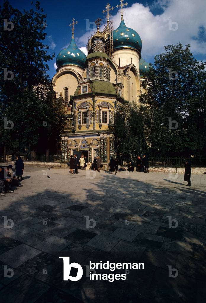 A group of worshipers at the exit of the Chapel-at-the-Well in Sergiyev Posad's monastery, Zagorsk, Russian Federation