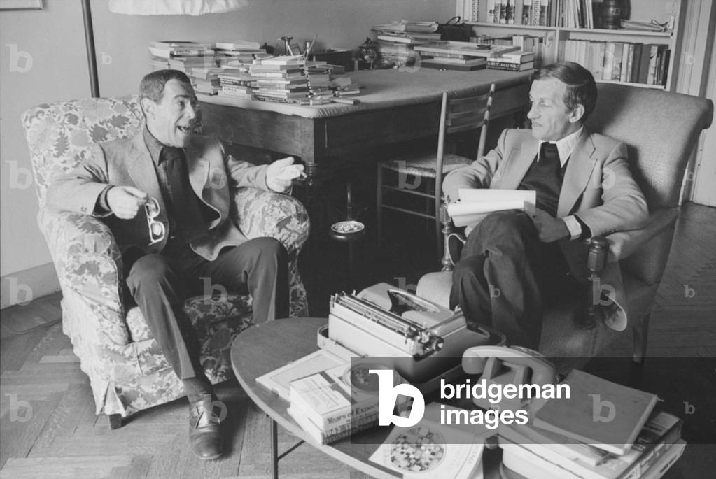 Carlo Fruttero and Franco Lucentini talking, Italy, 1974 (b/w photo)