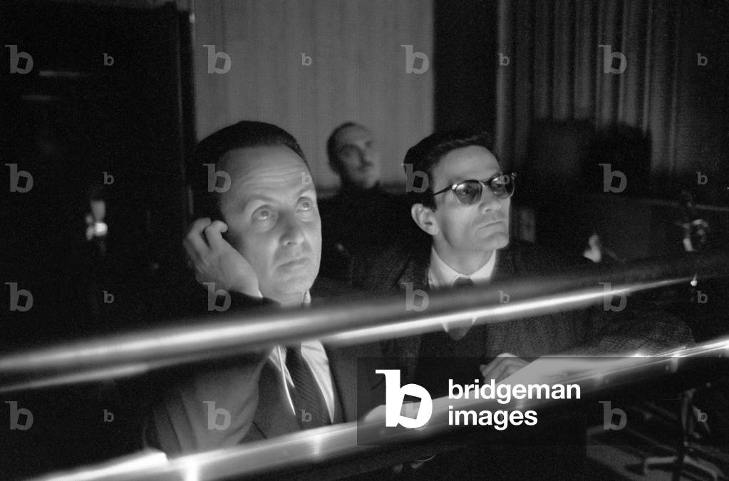 Pier Paolo Pasolini and Giorgio Bassani in the dubbing room, Italy, 1962 (b/w photo)