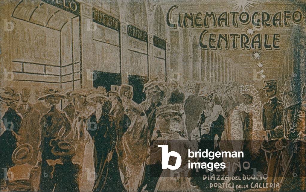 Advertising Postcard of the Cinema Central in Duomo Square, Milan (Foglio Pubblicitario del Cinema Centrale a piazza Duomo, Milano), c. 1909, 20th Century, drawing