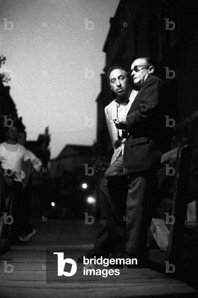 Victor Riesel with a man in Venice, Venice, Italy, 1957