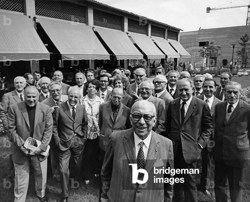 Arnoldo Mondadori with Libero Bigiaretti, Mario Soldati, Piero Chiara, Maria Bellonci, Paolo Monelli, Vittorio Giovanni Rossi and Ignazio Silone, Verona, Italy