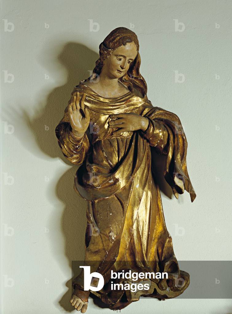 Lombard artist, Announcing Angel and Announced Virgin (Angelo Annunciante e Vergine Annunciata), 16th Century, carved gilded wood, 100 x 53 x 35 cm