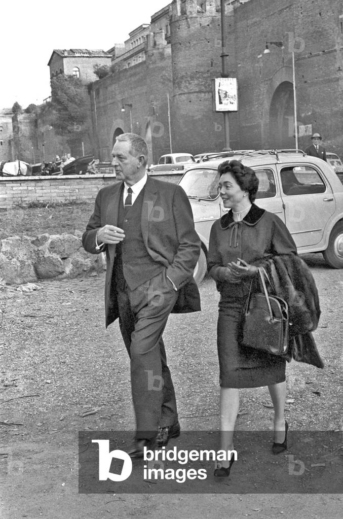 William Holden and his wife Brenda Marshall visiting Rome, Rome, Italy, 1969 (b/w photo)