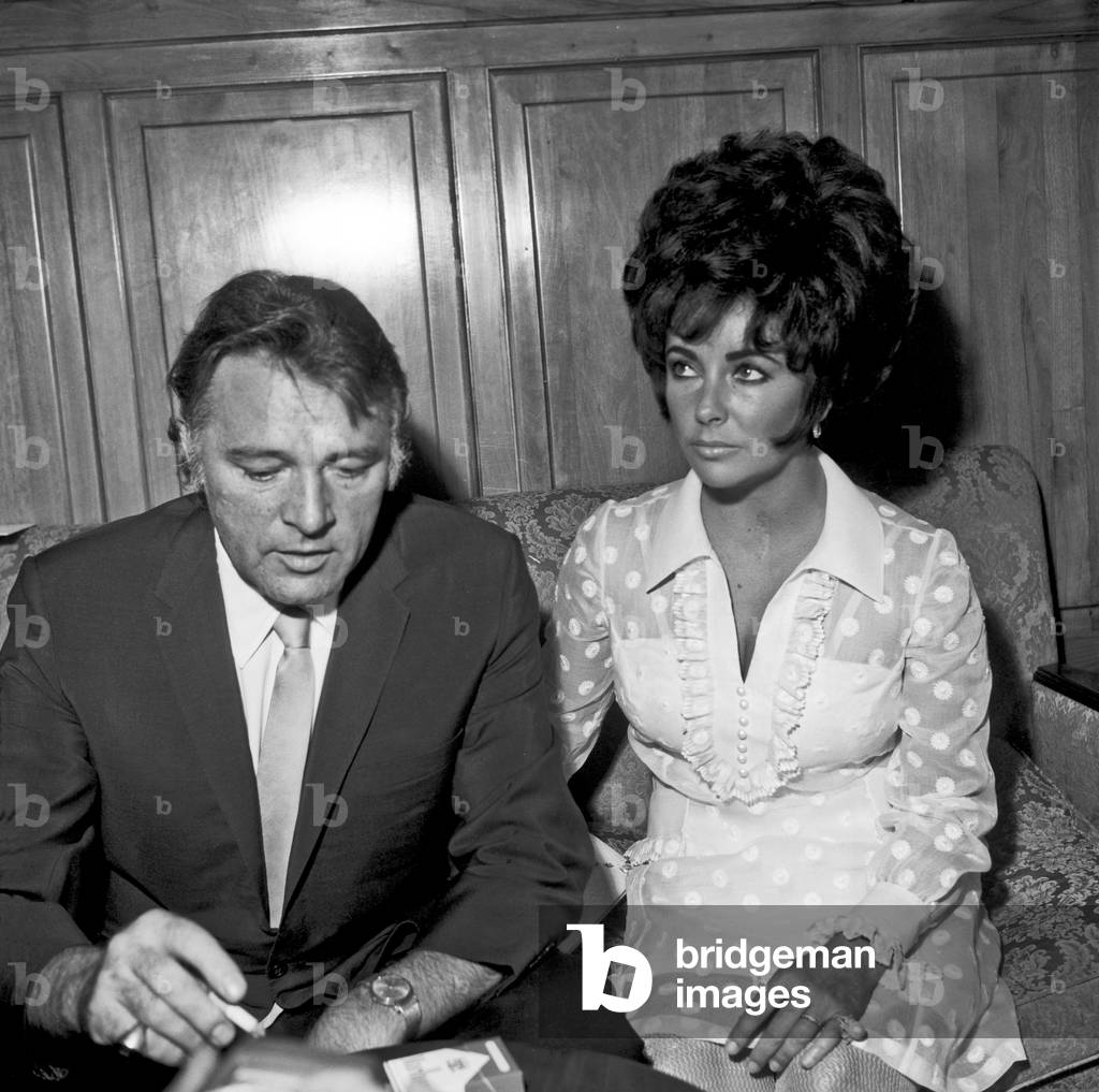 Richard Burton and Elizabeth Taylor at Taormina Film Fest, Taormina, Italy, 1967 (b/w photo)