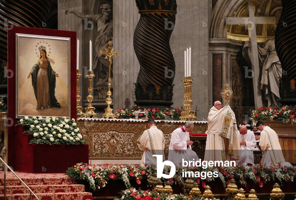 Pope Francis (Jorge Mario Bergoglio) celebrating vespers during the Solemnity of Mary Mother of God and Te Deum for the year past, Vatican City, 31st December 2016 (b/w photo)