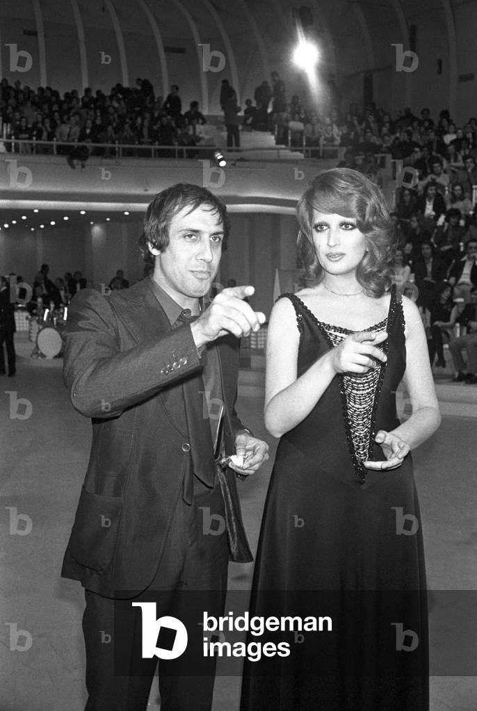 Mina and Adriano Celentano during the reharsal of TV show Teatro 10, Italy, 1972 (b/w photo)