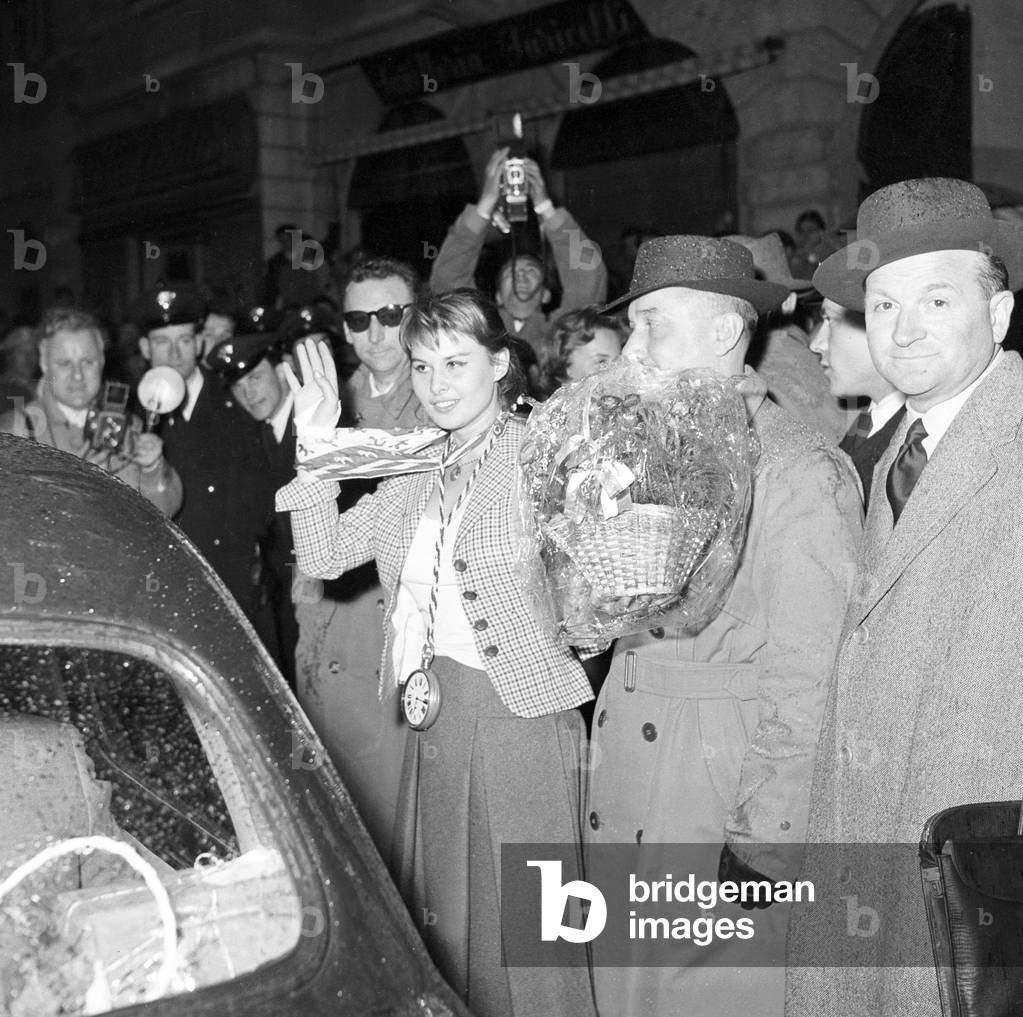 Marisa Allasio at the III Cinema Rally, Italy, 1956 (b/w photo)