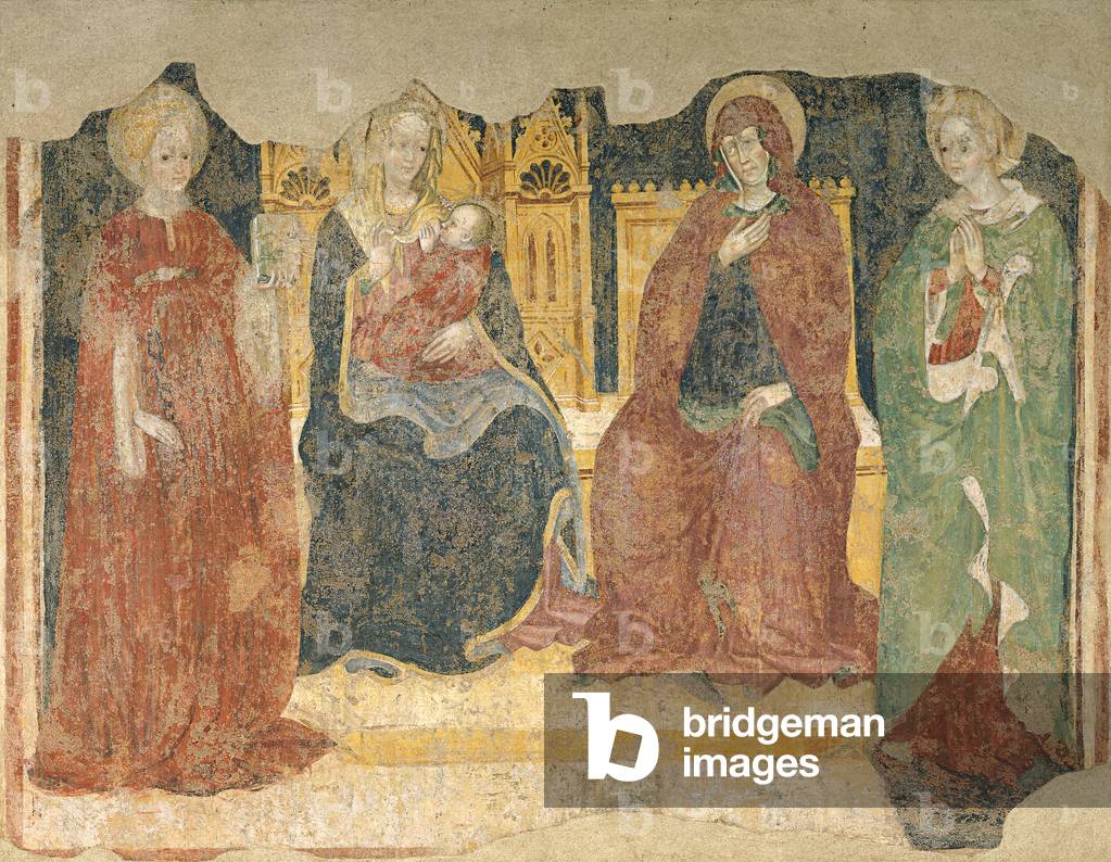 Madonna on the throne with Child and Saint Catherine of Alexandria, Saint Anne and Saint Apollonia (Madonna in trono col Bambino e le Sante Anna, Caterina d'Alessandria e Apollonia), attributed to Giovanni Bembo, 15th Century, fresco