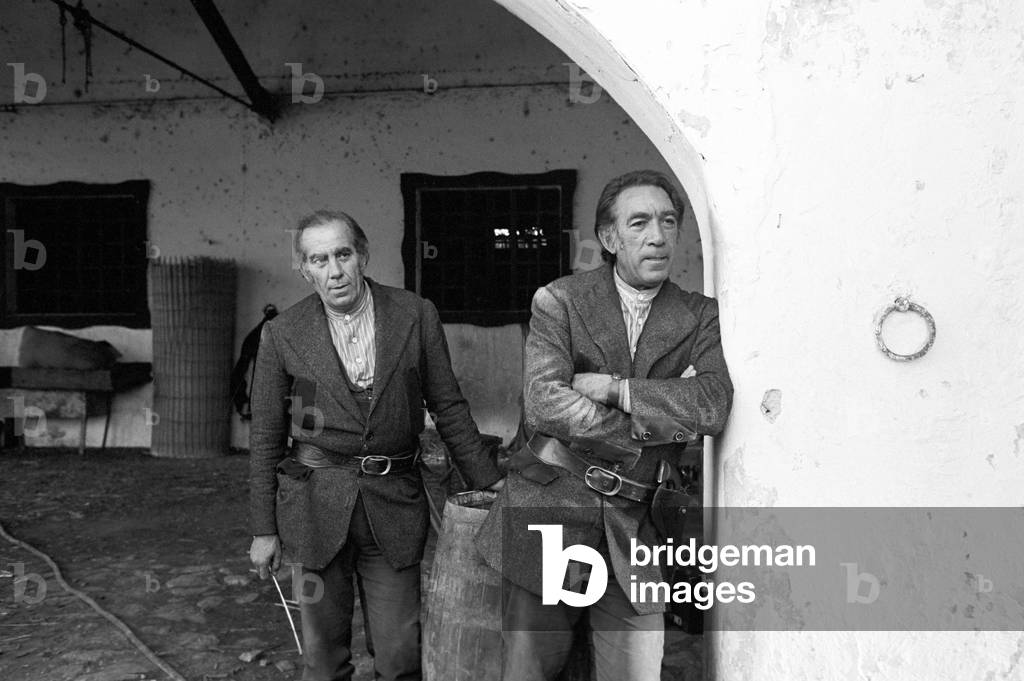 Anthony Quinn on the set of Los amigos, 1973 (b/w photo)
