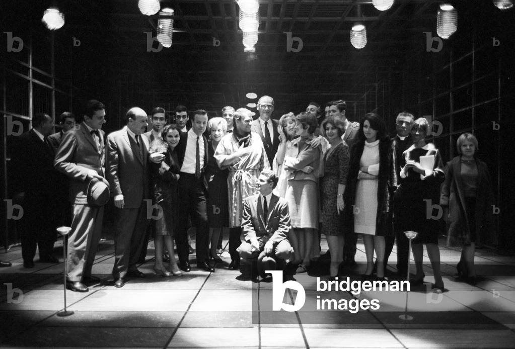 Giorgio Albertazzi, Franco Zeffirelli, Monica Vitti and Arthur Miller posing, Italy, 1964 (b/w photo)