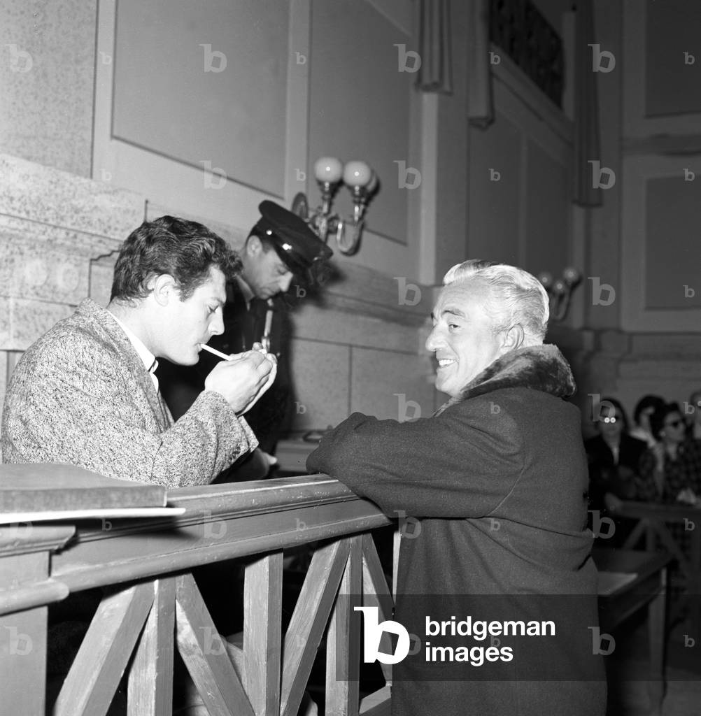 Marcello Mastroianni and Vittorio De Sica on the set of the film The Bigamist, Italy, 1955 (b/w photo)