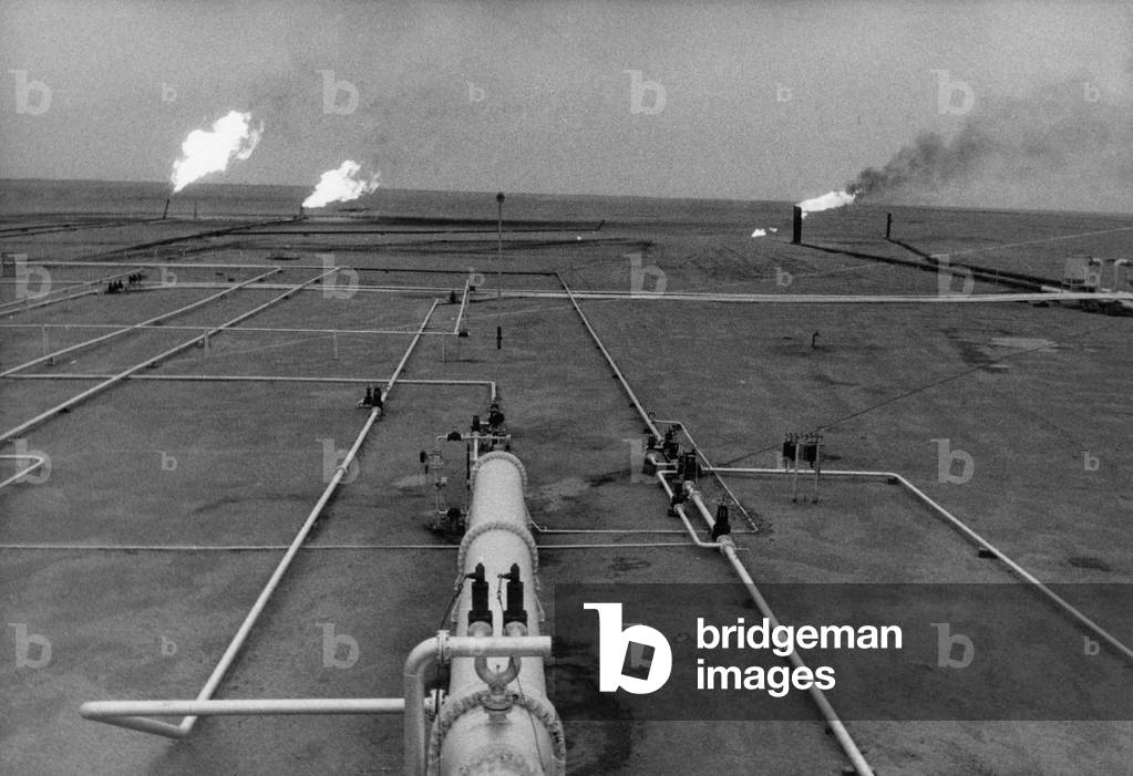 Aerial view from above of pipelines and oil fields in Bassora, Zubair, Iraq