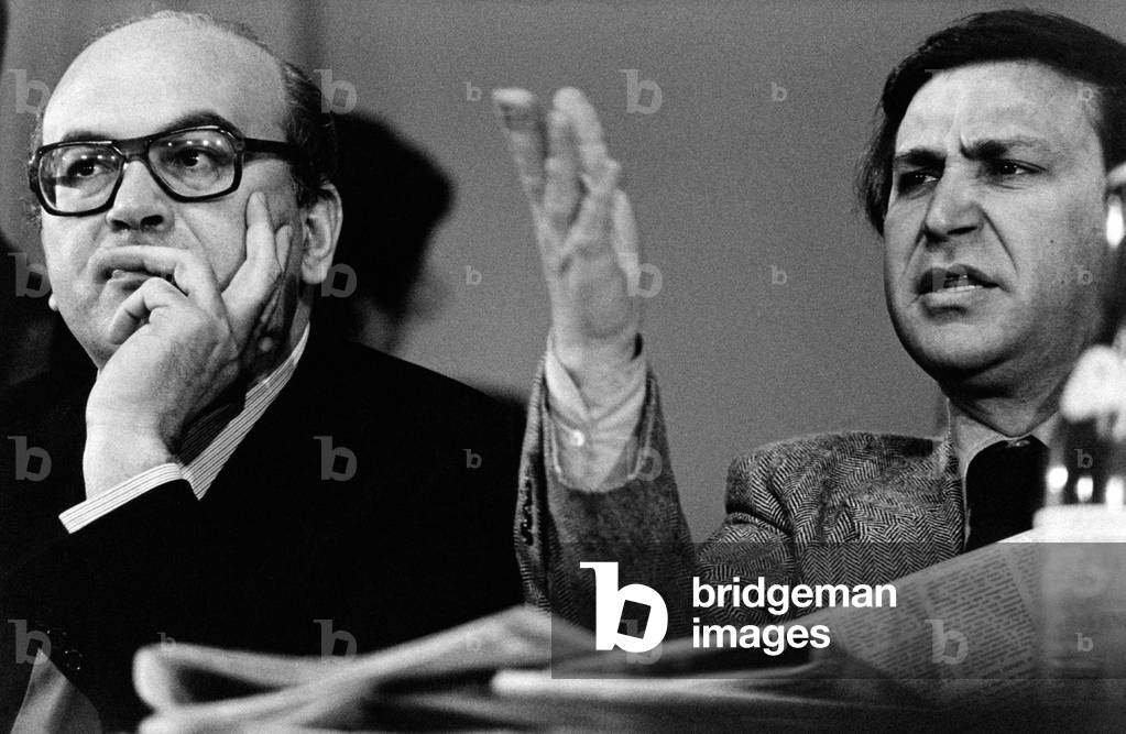 Bettino Craxi thoughtful with Claudio Signorile beside him