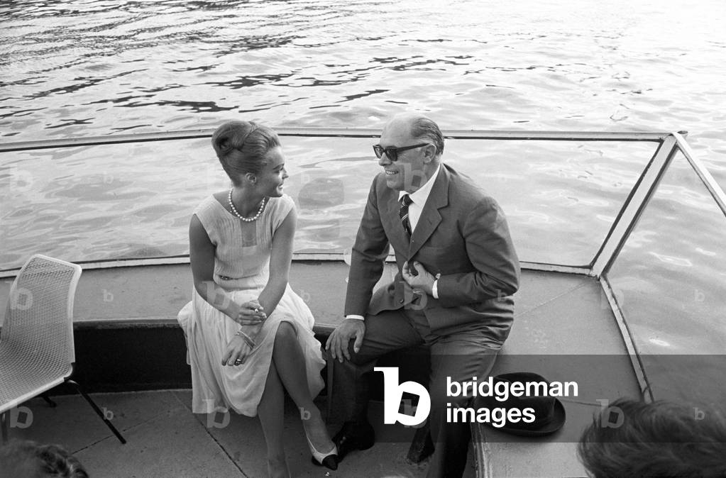Romy Schneider and Carlo Ponti on a boat, France, Paris, 1962 (b/w photo)