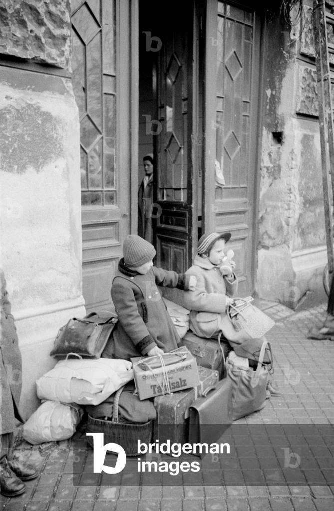 Two Hungarian children in a refugee camp, Austria, 1950 (b/w photo)