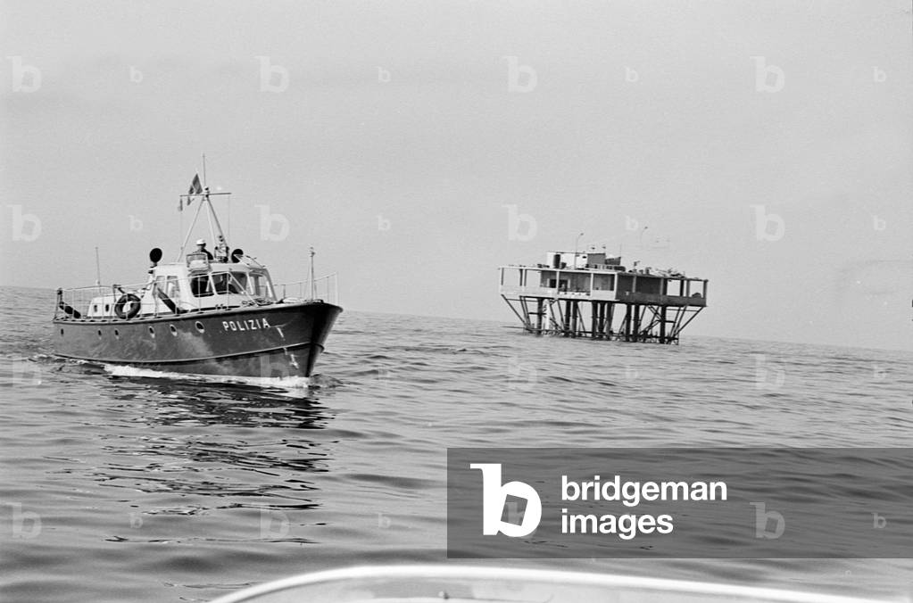 The steel platform off the coast of Rimini, Italy, 1968 (b/w photo)