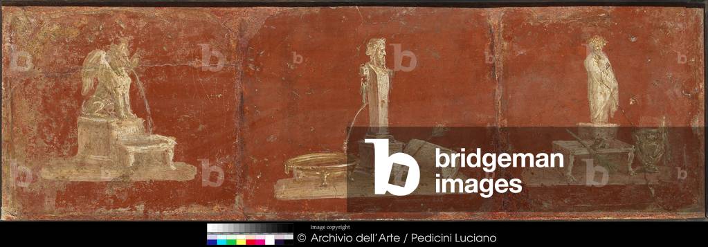 Statue of Philosopher and of Sphinx-Fountain on a Red Background (Statua di filosofo e di sfinge-fontana su sfondo rosso), 1st Century AD, fresco, 31 x 91,5 cm