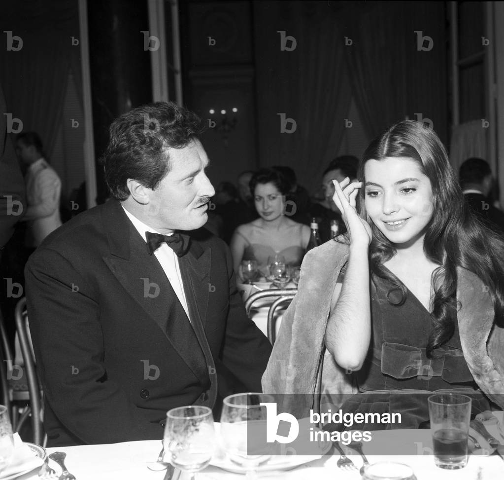 Jacqueline Sassard and Pietro Germi at the Silver Ribbon ceremony, Italy, 1957 (b/w photo)