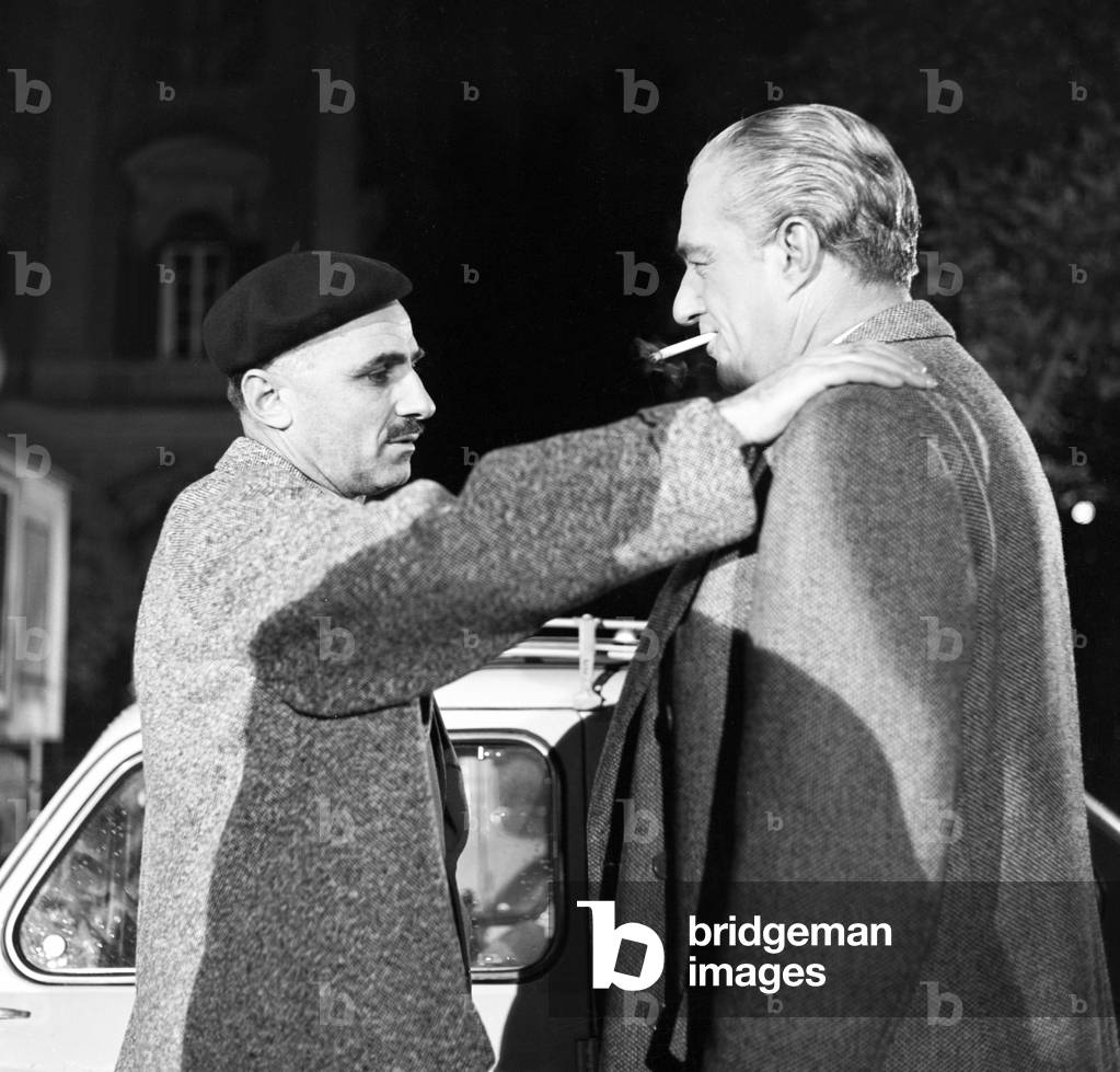 Vittorio De Sica and Mario Monicelli on the set of Fathers and Sons, Italy, 1957 (b/w photo)