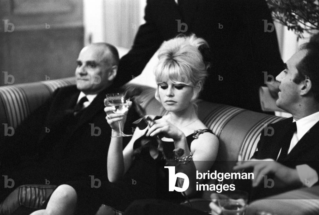 Brigitte Bardot during a press conference, Italy, 1963 (b/w photo)