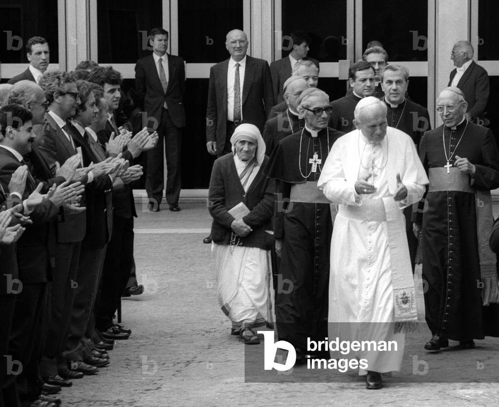 Mother Teresa of Calcutta with Pope Johannes Paul II, Vatican, 1980 (b/w photo)