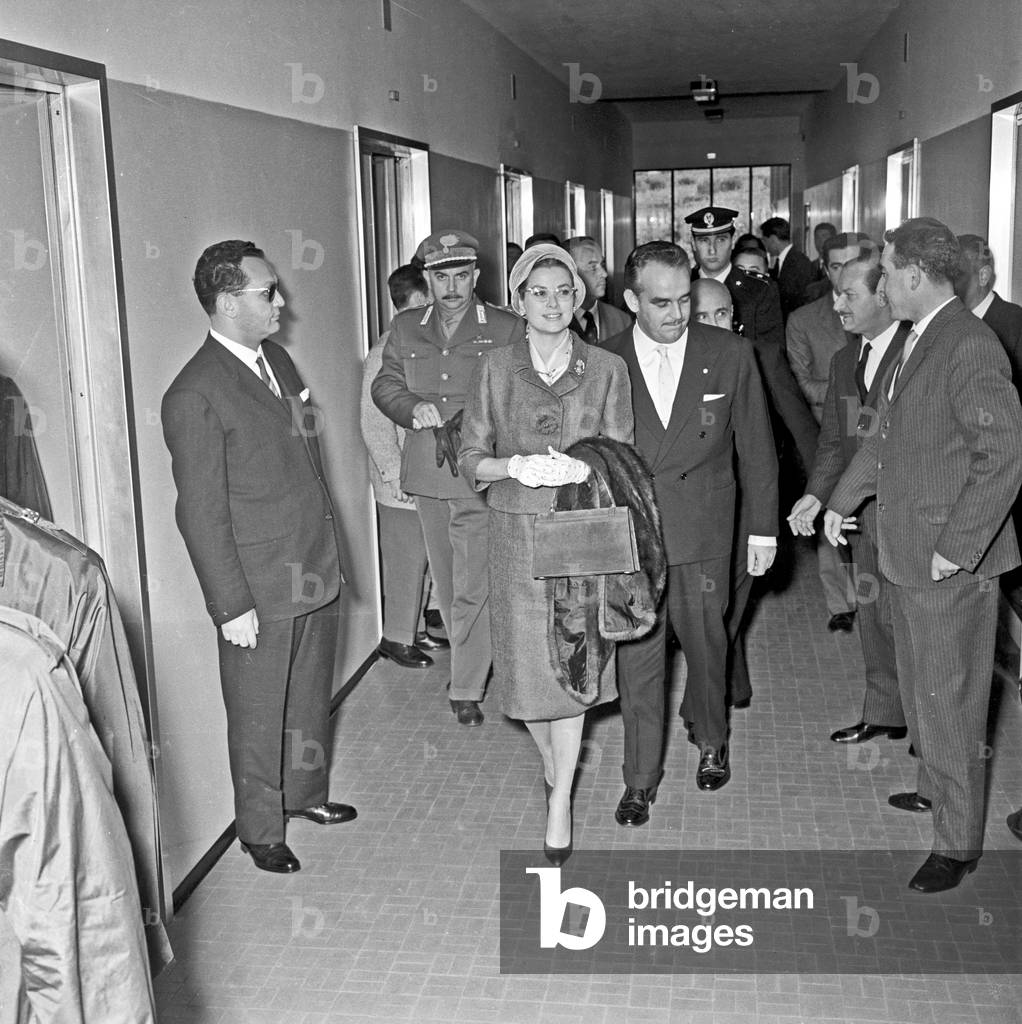 Rainier III and Grace Kelly visiting the Synchrotron of Frascati, Frascati, Italy, 1959 (b/w photo)