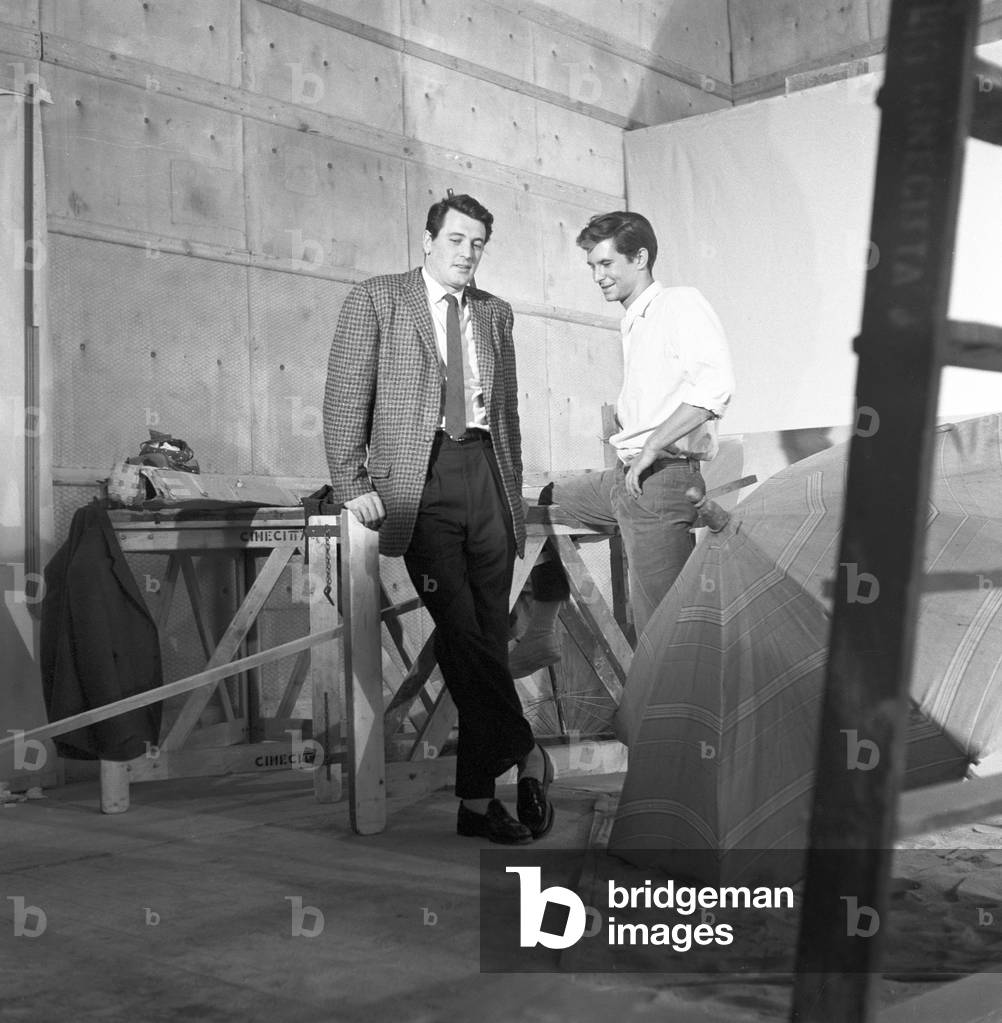 Anthony Perkins and Rock Hudson at Cinecittà  studios (b/w photo)