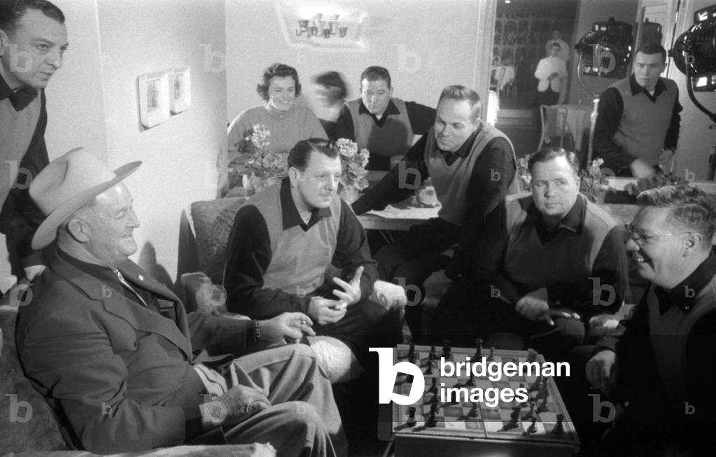 American bobsleigh team playing chess, Cortina d'Ampezzo, Italy