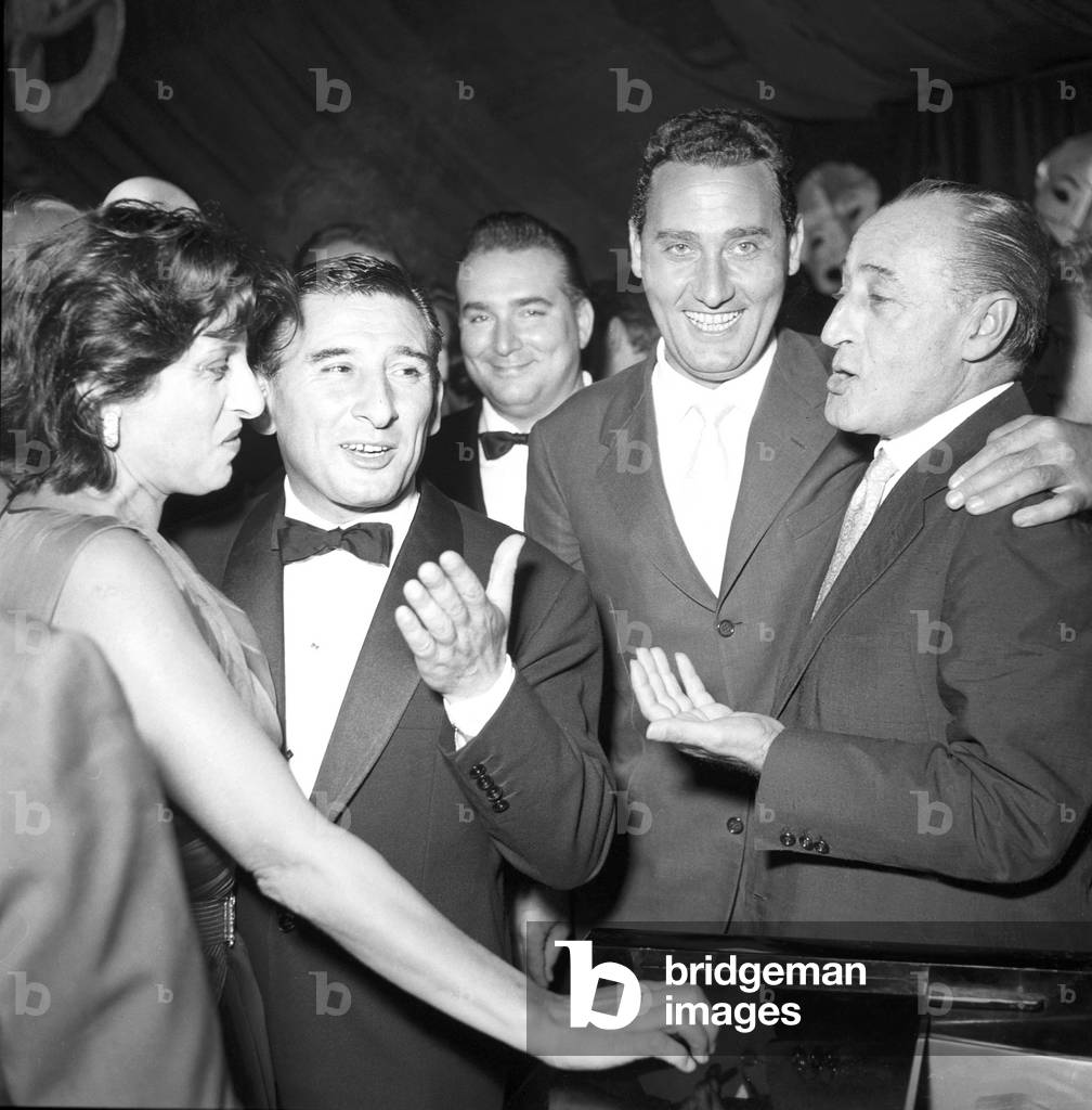 Alberto Sordi, Renato Rascel, Toto and Anna Magnani attending the Maschere d'Argento awarding ceremony, Italy, 1955 (b/w photo)