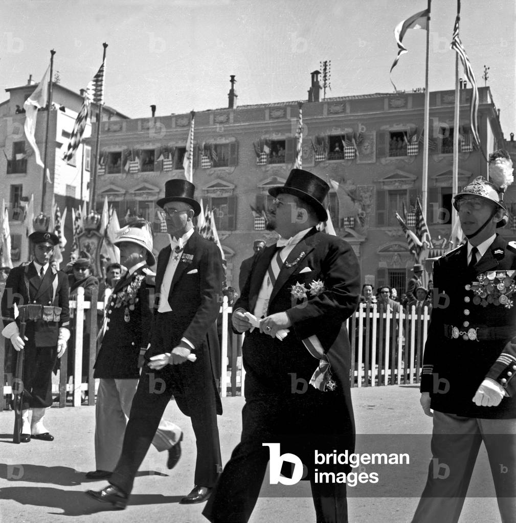 Farouk of Egypt attending the wedding of Rainier III and Grace Kelly, Montecarlo, Monaco, 1956 (b/w photo)