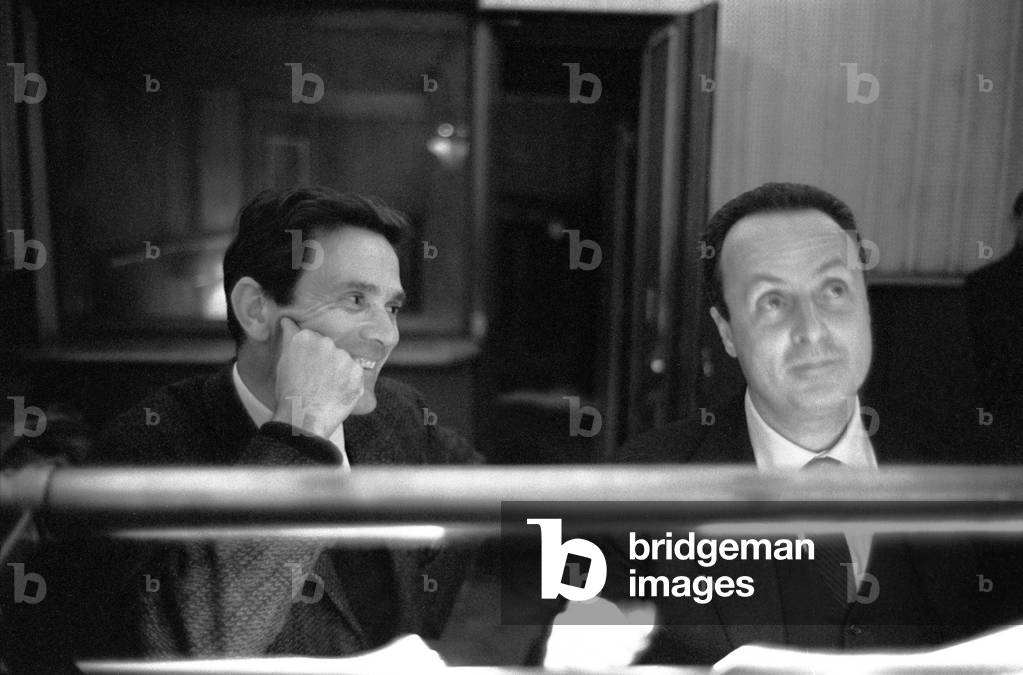 Pier Paolo Pasolini and Giorgio Bassani in the dubbing room, Italy, 1962 (b/w photo)