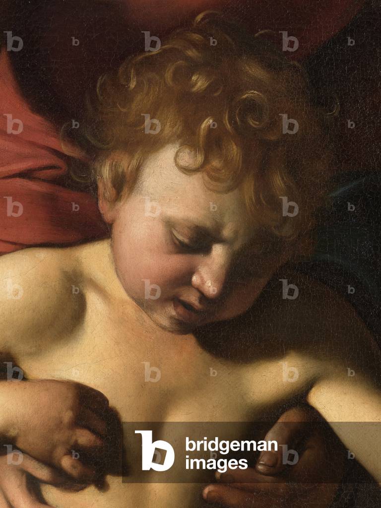 Madonna Palafrenieri, detail of the face of Christ supported by his mother with a feeling of disgust or disgust, 1605 (oil on canvas)