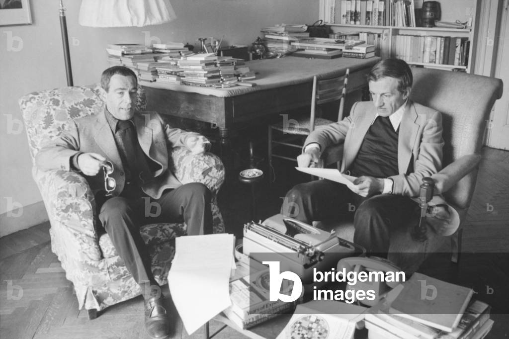 Carlo Fruttero and Franco Lucentini talking, Italy, 1974 (b/w photo)