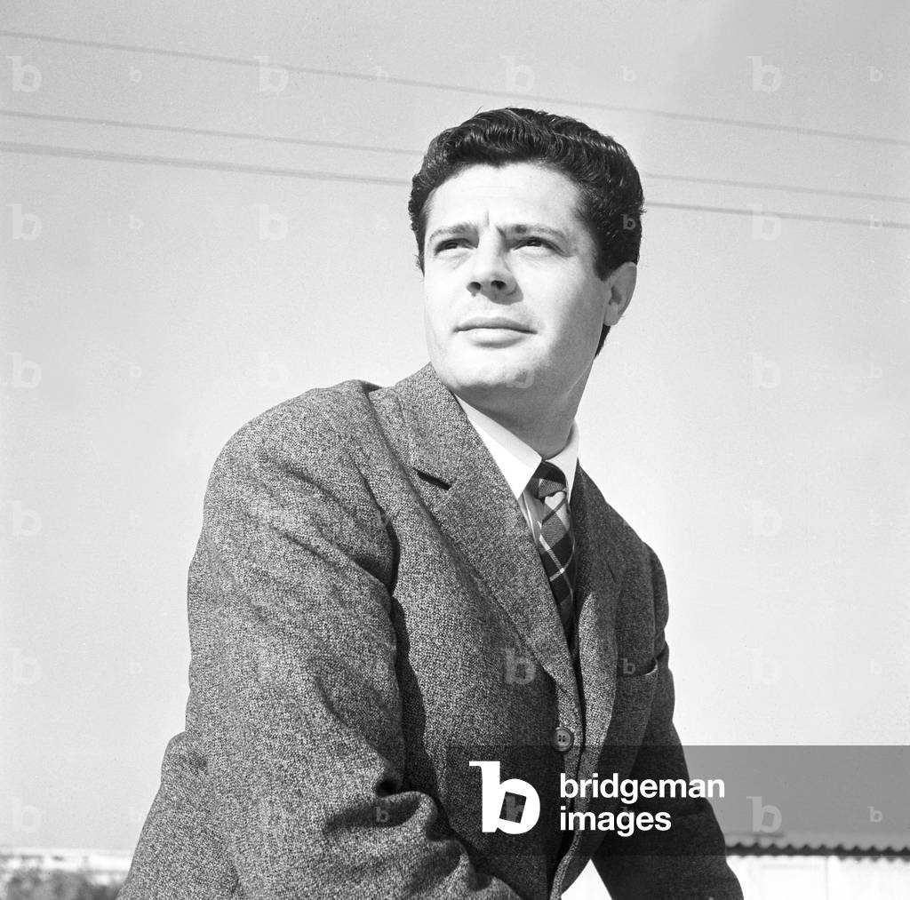Marcello Mastroianni on the terrace at home, Italy, 1955 (b/w photo)