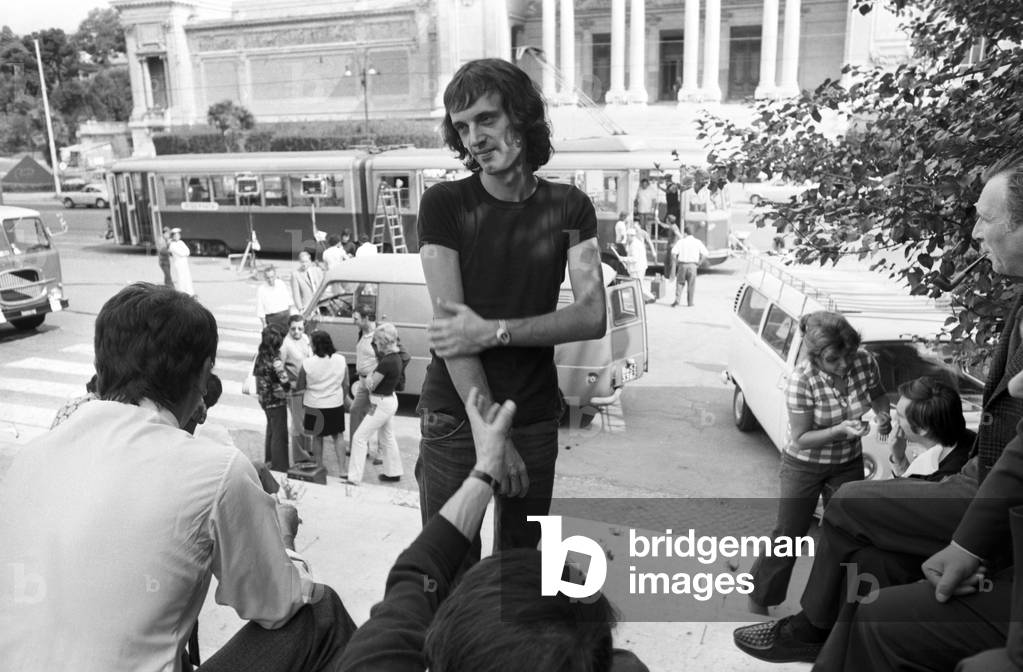 Dario Argento on the set of TV show Door into Darkness, Italy, 1972 (b/w photo)