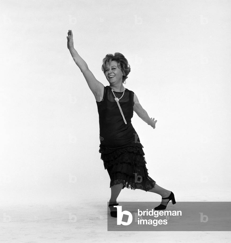 Giulietta Masina posing, Italy, 1970 (b/w photo)